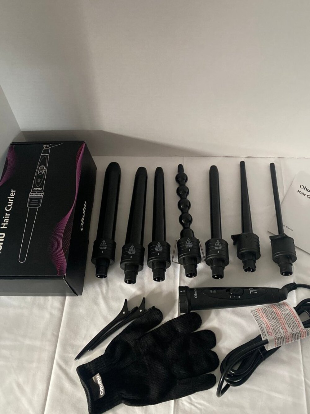 NIB Ohuhu 7 in 1 Curling Wand Set Black Interchangeable Ceramic Barrels Glove